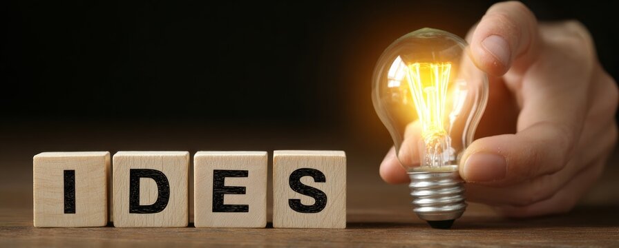 Image shows the word "IDES" spelled out on wooden blocks next to a hand holding a lit light bulb, all on a wooden surface against a dark background