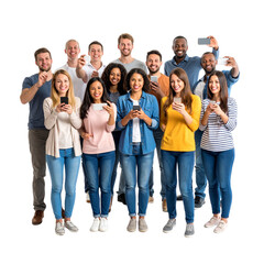 A happy group of young friends stands together, smiling in casual fashion