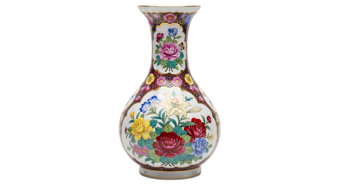Ornate porcelain vase with vibrant floral design, displaying a rich array of colors and intricate details.