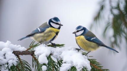 A charming pair of small Blue Tit birds perched together on a snow-laden evergreen bough, capturing a beautiful moment in a serene winter wildlife scene