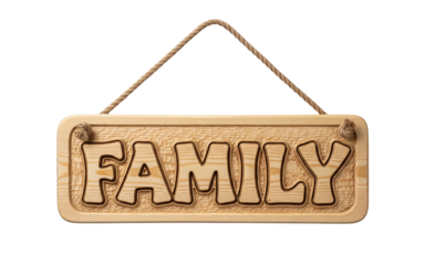 Family text carved into a hanging wooden sign