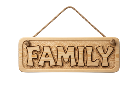 Family text carved into a hanging wooden sign