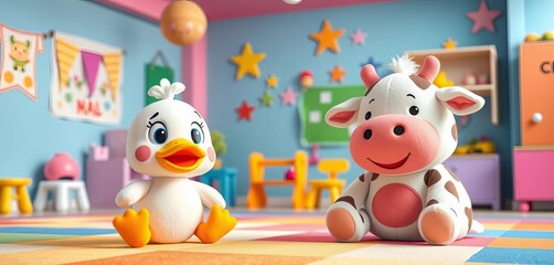 Obraz premium Playful banner featuring cute cartoon duck and cow plush toys in a vibrant kindergarten playroom, illustration art, playful