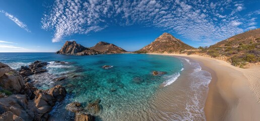 Panoramic view of a secluded beach with crystal turquoise water, beige sand, rocky outcroppings, and rounded mountains under a partly cloudy sky
