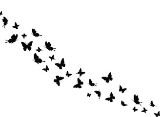 Butterfly swarm silhouette flying in diagonal downward pattern, elegant insect vector design, black butterflies group, decorative wildlife illustration, flying butterfly artwork