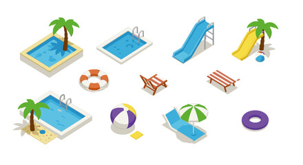 Isometric poolside fun set with slides, palm trees, and summer essentials
