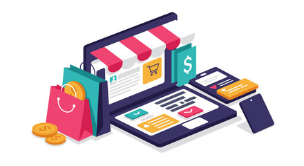 E-commerce concept with isometric online shopping elements and devices