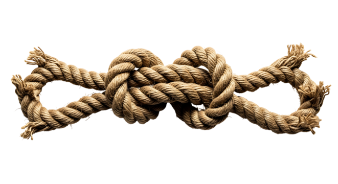 A close-up view of a complex knot tied in a length of thick natural rope, showcasing the intricate texture and details of the woven fibers against a stark black background. - Powered by Adobe