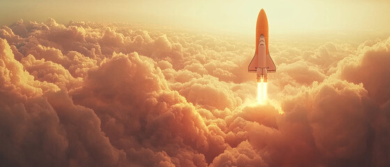 Spacecraft Ascending Through Golden Cloudscape at Dawn