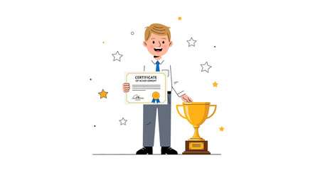 Celebrating Achievement: A Champion Holding a Certificate and Trophy with Joyful Expression