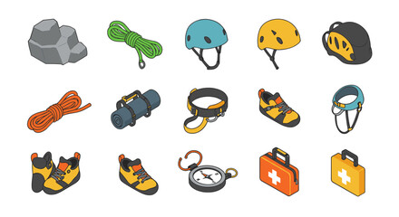 Naklejka premium Isometric outdoor adventure gear collection for rock climbing and safety