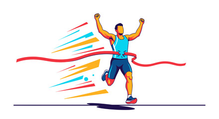 Champion Athlete Joyfully Crossing Finish Line in a Colorful Athletic Competition
