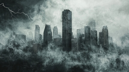 Stormy Cityscape:  Lightning strikes a dark, hazy metropolis