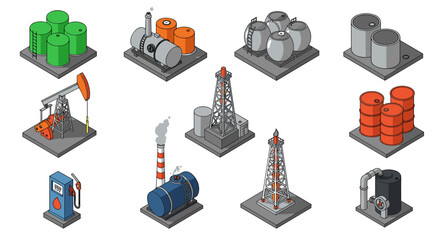 Industrial energy elements isometric set featuring oil drill towers and storage tanks