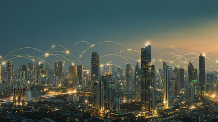 Fototapeta premium Twilight in the Smart digital Innovation city with connection network reciprocity over the cityscape. of future smart wireless digital city and social media networking systems that connects people