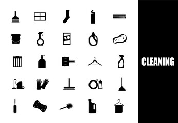 Cleaning tools and supplies icon set. black sign.