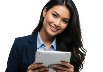 Confident smiling young asian woman in professional attire holding a tablet device transparent background