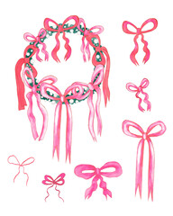 Christmas wreath with pink bows and a collection of bright pink bows. Watercolor-style illustration.