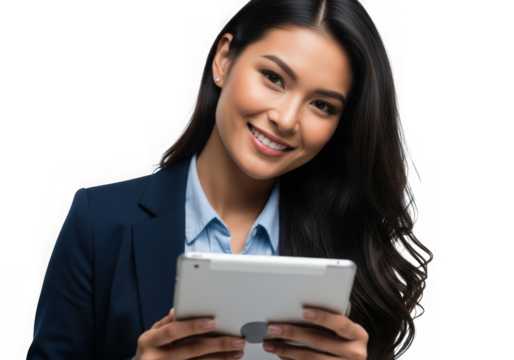 Confident smiling young asian woman in professional attire holding a tablet device transparent background