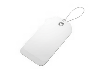 Blank white rectangular price tag with string for retail and product labeling transparent background