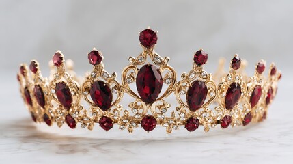 Ornate gold crown with deep red gemstones