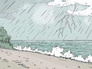 Stormy Seascape: Rain, Lightning, and Waves Crashing on Shore