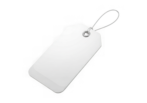 Blank white rectangular price tag with string for retail and product labeling transparent background