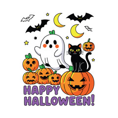Cute Happy Halloween Spooky Skeleton Pumpkin Trick or Treat Skull and Bat Illustration