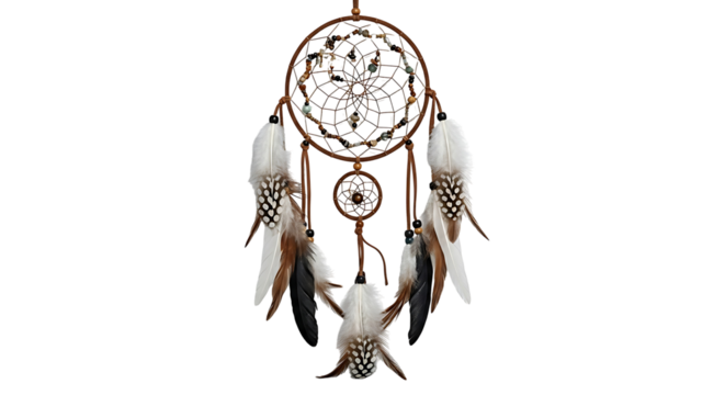 A handcrafted dream catcher, featuring a circular net, adorned with delicate feathers, and colorful beads, presents a captivating image of tranquility and cultural artistry.