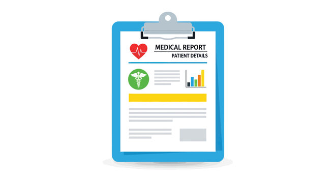 Blue clipboard with a medical report showing patient details health icons and data charts.
