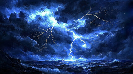 Stormy Seascape: Electric Bolts Across Tempestuous Ocean