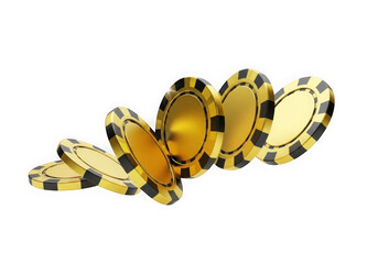 Five golden casino chips arranged dynamically for gaming entertainment transparent background
