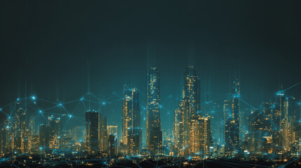 Fototapeta premium Twilight in the Smart digital Innovation city with connection network reciprocity over the cityscape. of future smart wireless digital city and social media networking systems that connects people