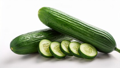 Fresh Green Cucumbers On White Background With Sliced Pieces