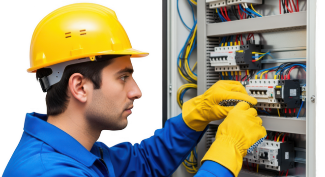 Electrician working on electrical panel isolated on transparent background