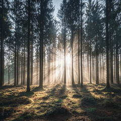 Sunbeams pierce misty forest, illuminating tranquil woodland scene