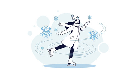 Charming Winter Athlete Enjoying Ice Skating Amidst Falling Snowflakes In A Snowy Scene