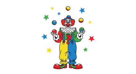 Naklejka premium Cheerful Animated Juggler Performing With Balls and Stars Against a White Backdrop