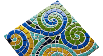 Vibrant mosaic artwork featuring swirling patterns in a mix of teal, blue, gold, and green colors.