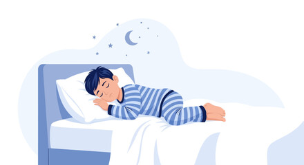 Boy Asleep Peacefully In Bed Under The Night Sky Is Deep In Dreamland