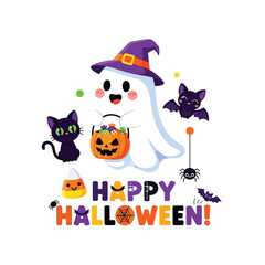Cute Happy Halloween Spooky Skeleton Pumpkin Trick or Treat Skull and Bat Illustration