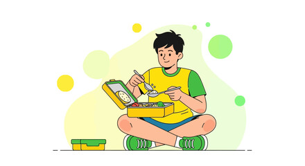 Boy Enjoying Balanced Lunch Eating Healthy Meal Preparing for a Good Day Ahead