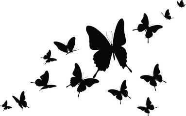 Butterfly flight silhouette, group of butterflies flying upward in black vector design, insect swarm pattern, decorative curved motion illustration