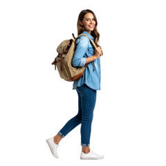 Beautiful brown-haired young woman in jeans standing smiling with a bag on a white background
