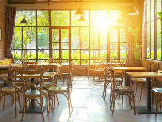 Sunlit cafe interior; wooden tables and chairs near large windows overlooking greenery