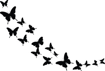 Butterfly trail silhouette, group of butterflies flying downward in black vector design, insect swarm pattern, decorative flight curve illustration