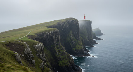 A beautiful white lighthouse stands on a dramatic green cliff overlooking the vast blue ocean on a cloudy day, a symbol of safety and guidance.