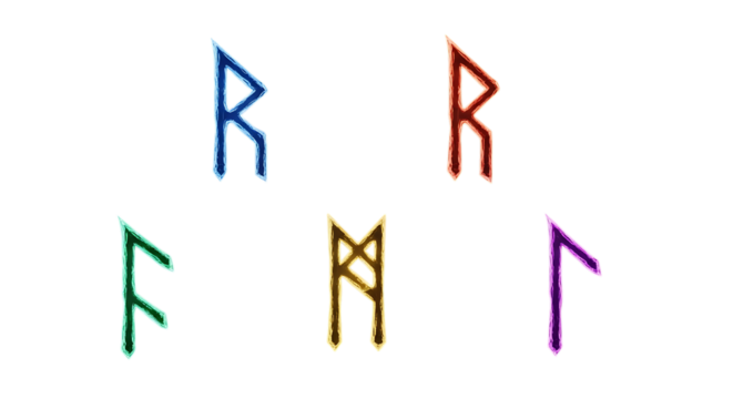 Colorful runic characters displayed against a stark black background.