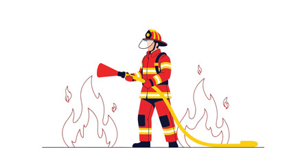 Naklejka premium Brave Firefighter Extinguishing A Blaze Using Water Hose, Saving The Day With Courage