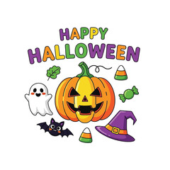 Cute Happy Halloween Spooky Skeleton Pumpkin Trick or Treat Skull and Bat Illustration